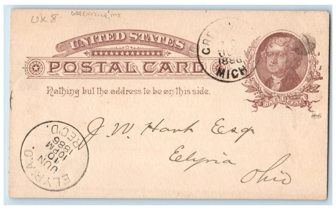 1886 Receipt of Telegraph Greenville Michigan MI Elyria Ohio OH Postal Card