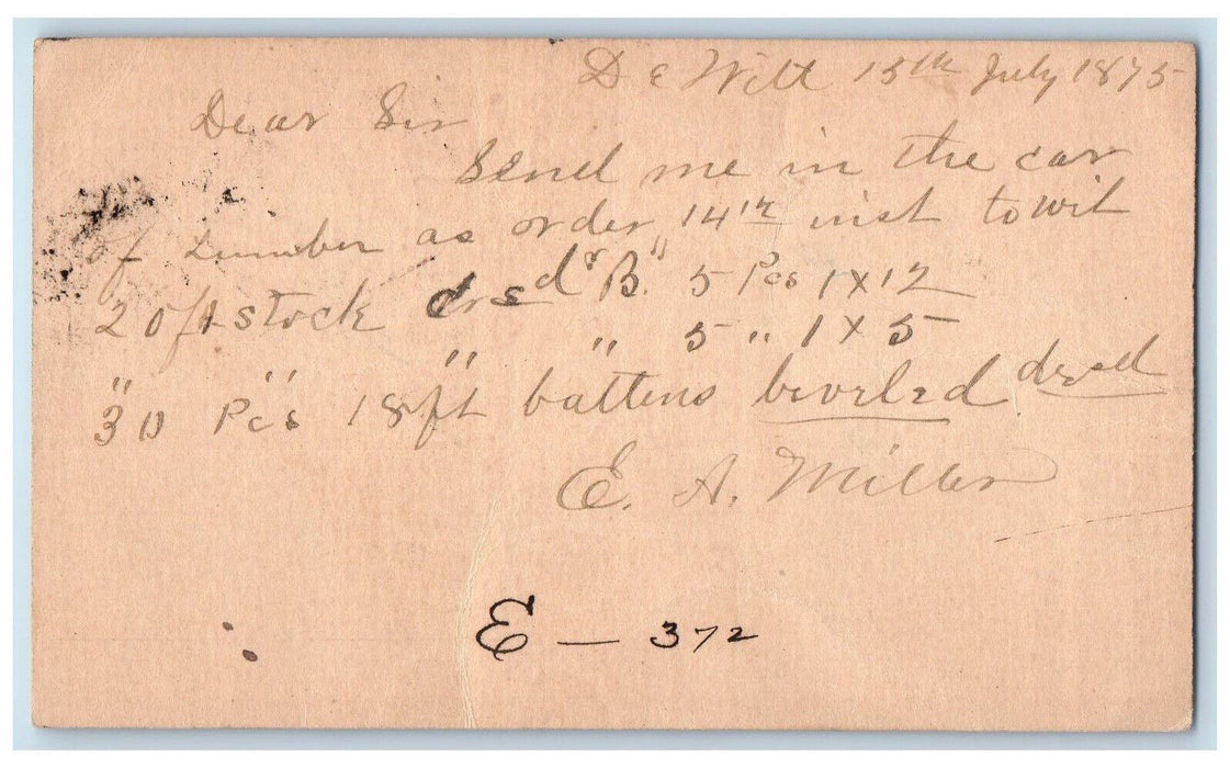 1875 Send Lumber Car as Order Dewitt Iowa IA Clinton IA Antique Postal Card