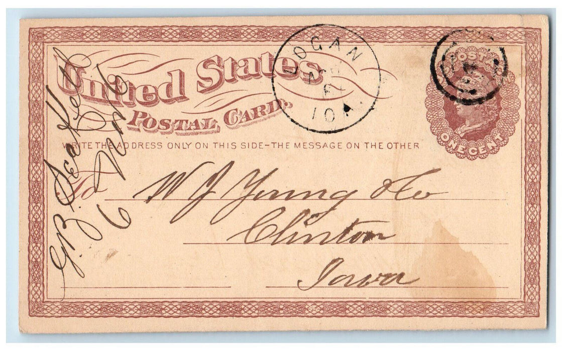 1875 Please Put in One of Car Logan Iowa IA Clinton IA Antique Postal Card