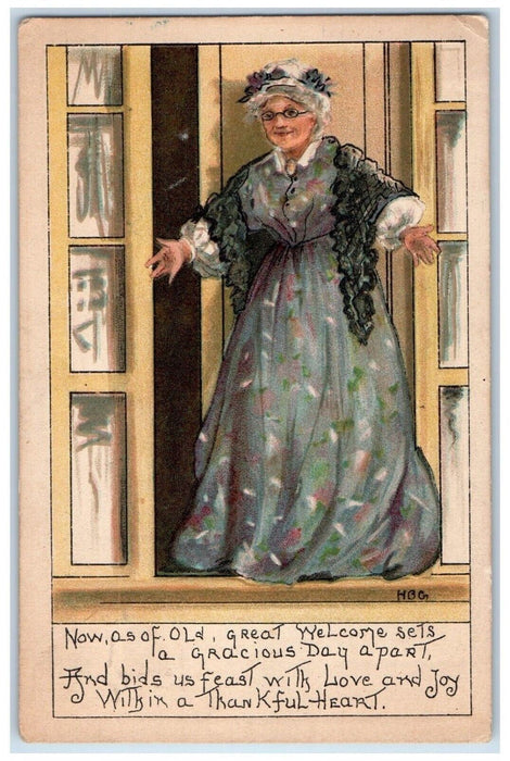 1909 Old Woman Welcome Sets Home Embossed HBG Frankfort Kansas KS Postcard