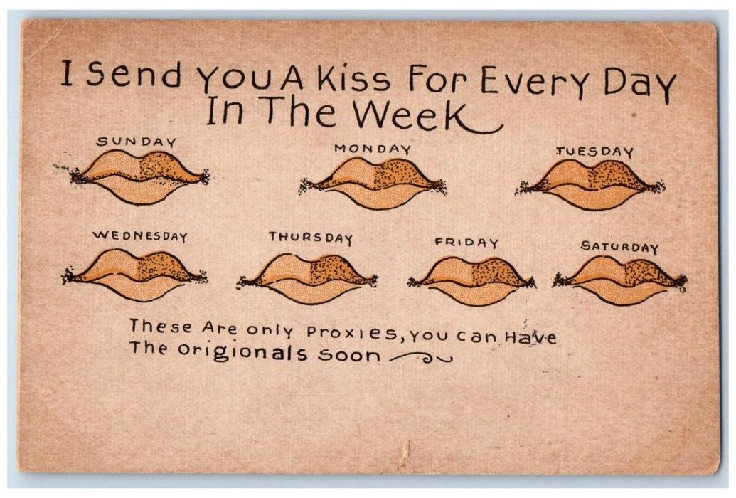 1909 I Send You A Kiss In The Week Lips Kerkhoven Minnesota MN Antique Postcard