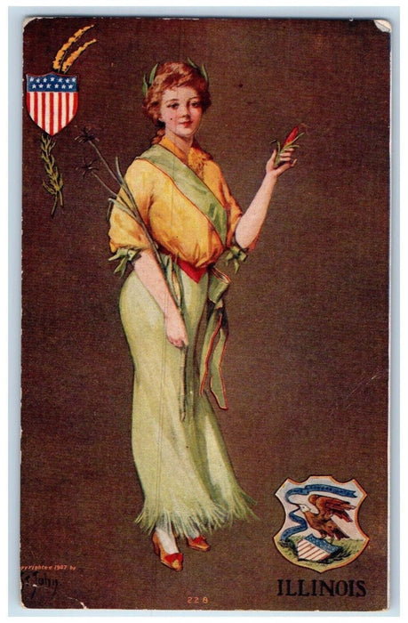 c1910's Pretty Woman Holding Corn Illinois IL International Art Company Postcard