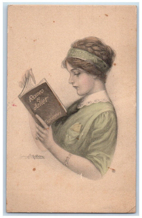 c1910's Pretty Woman Reading Romeo And Juliet Book Unposted Antique Postcard