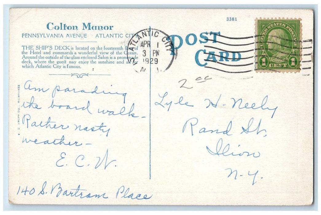 1929 Ship's Deck Atop Colton Manor Atlantic City New Jersey NJ Antique Postcard