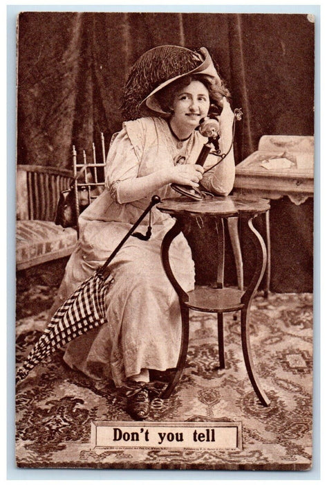 c1910's Pretty Woman Telephone Umbrella Don't You Tell Chicago IL Postcard