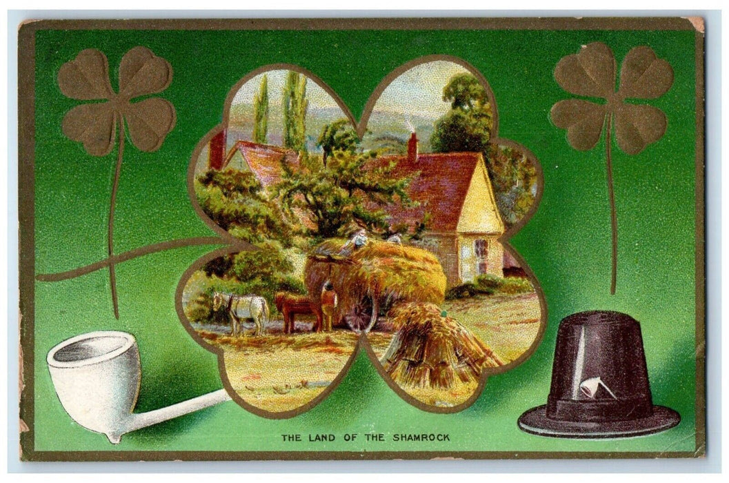 1911 The Land Of The Shamrock Pipe Hat Horse Wagon Embossed Chicago IL Postcard