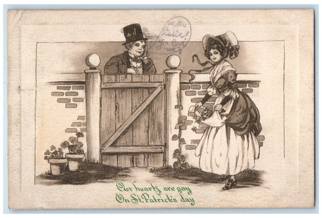 1910 St. Patrick's Day Man Pipe Smoke Flowers Waverly Iowa IA Antique Postcard