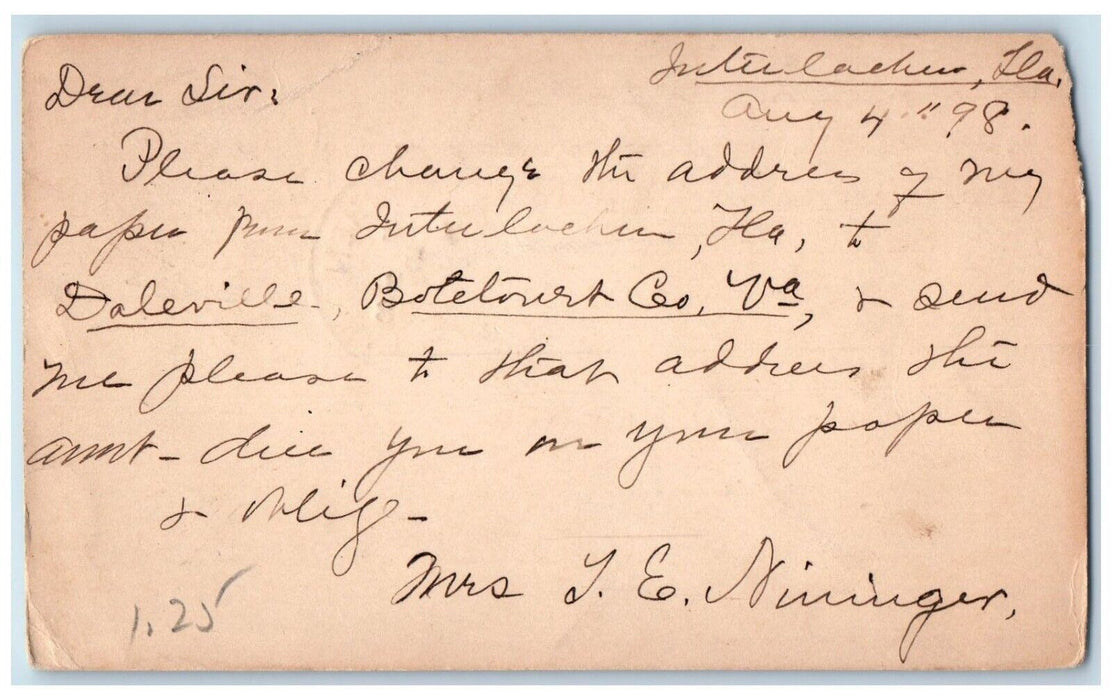 1898 Change Address Interlachen Florida FL Shepherdstown WV Postal Card