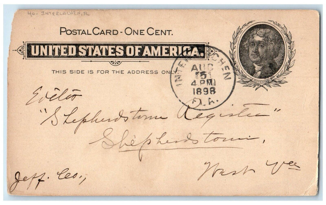 1898 Change Address Interlachen Florida FL Shepherdstown WV Postal Card