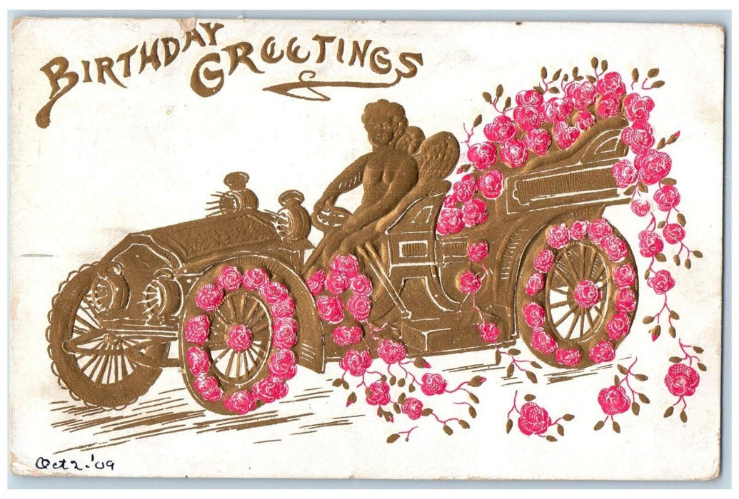 1909 Birthday Greetings Angel Driving Car Flowers Airbrushed Lintner IL Postcard