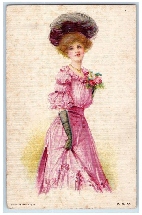 1908 Pretty Woman Pink Gown Flowers Big Hat Williamsville Illinois IL Postcard