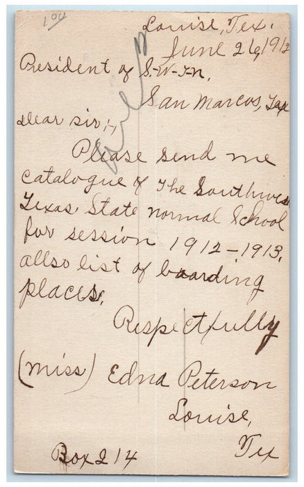 1912 Texas State University Louise Texas TX San Marcus TX Antique Postal Card