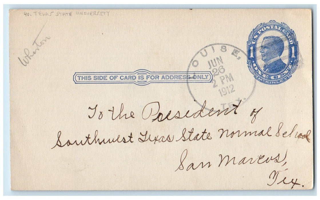 1912 Texas State University Louise Texas TX San Marcus TX Antique Postal Card