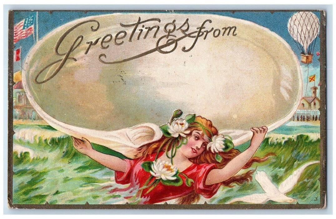 Greetings From Manchester Iowa IA, Hot Air Balloon Pretty Woman Flowers Postcard