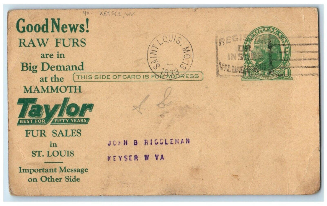 1933 FC Taylor Fur Co. St. Louis Missouri MO Keyser WV Advertising Postal Card