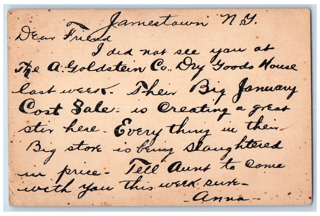 1890's Golostein Co. Dry Goods Store Jamestown Broken Straw NY Postal Card