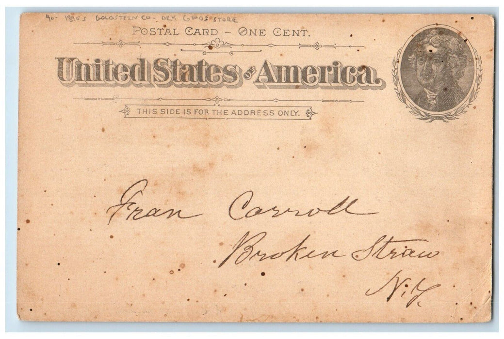 1890's Golostein Co. Dry Goods Store Jamestown Broken Straw NY Postal Card