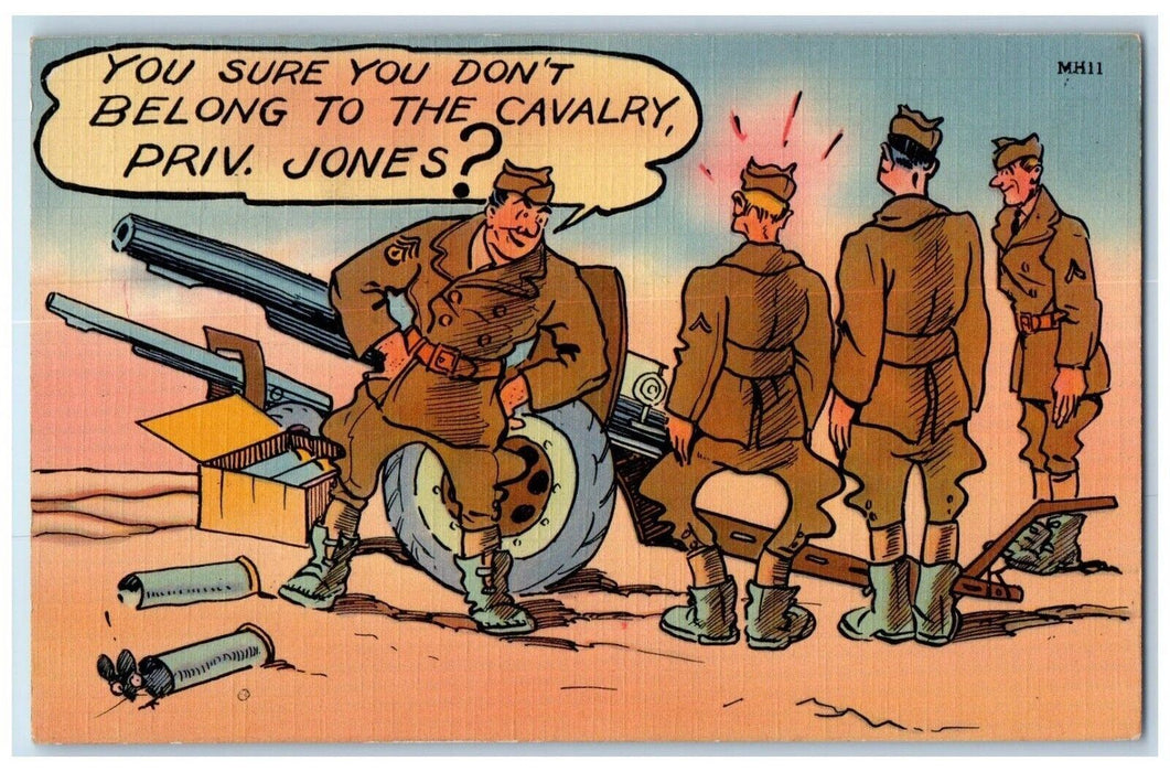c1940's Military Soldier Canon Accusing Belong To The Cavalry WW2 Comic Postcard