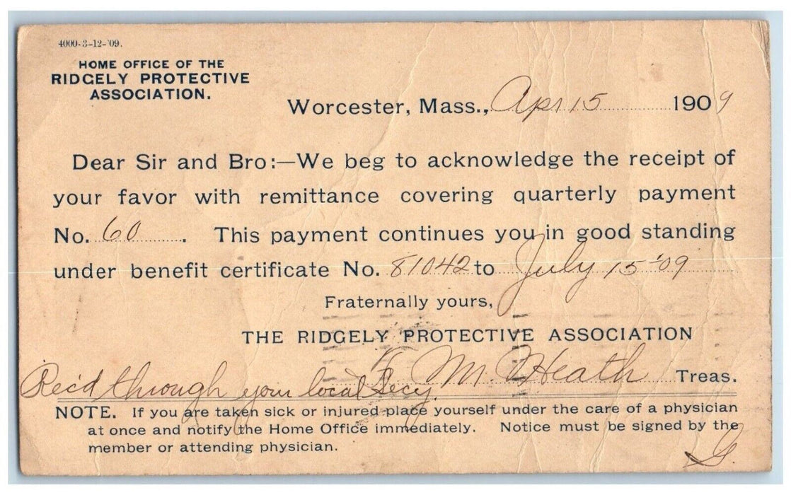1909 Ridgely Protective Association Worcester Massachusetts MA Postal Card