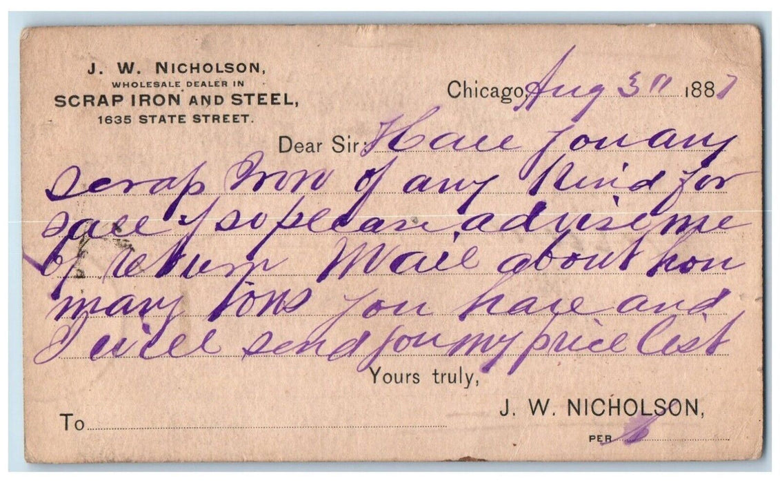 1887 J.W. Nicholson Scrap Iron and Steel Chicago IL Onawa IA Postal Card
