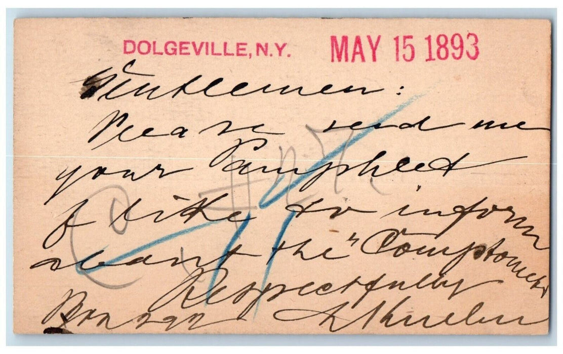 1893 Louis Kuehn Chicago Illinois IL Dolgeville New York NY Postal Card