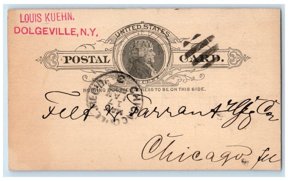 1893 Louis Kuehn Chicago Illinois IL Dolgeville New York NY Postal Card