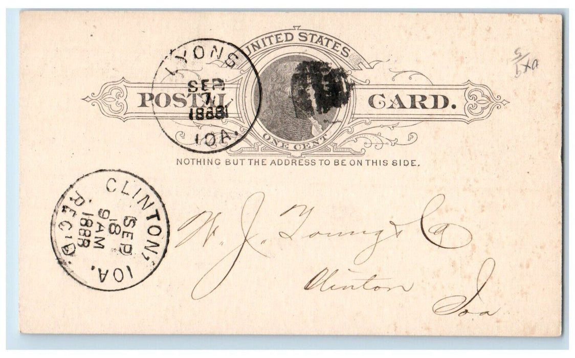 1888 Office of A Disbrow & Co. WJ Young & Co Lyons Clinton Iowa IA Postal Card