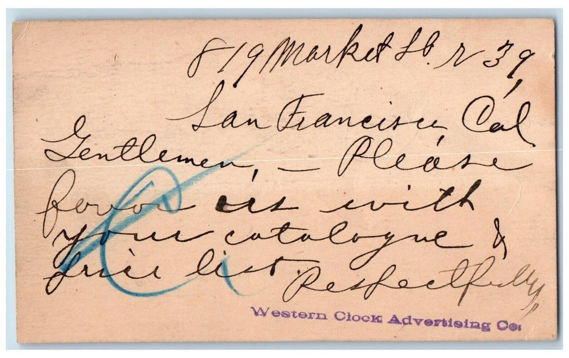 1893 Western Clock Advertising Co. San Francisco CA Chicago IL Postal Card