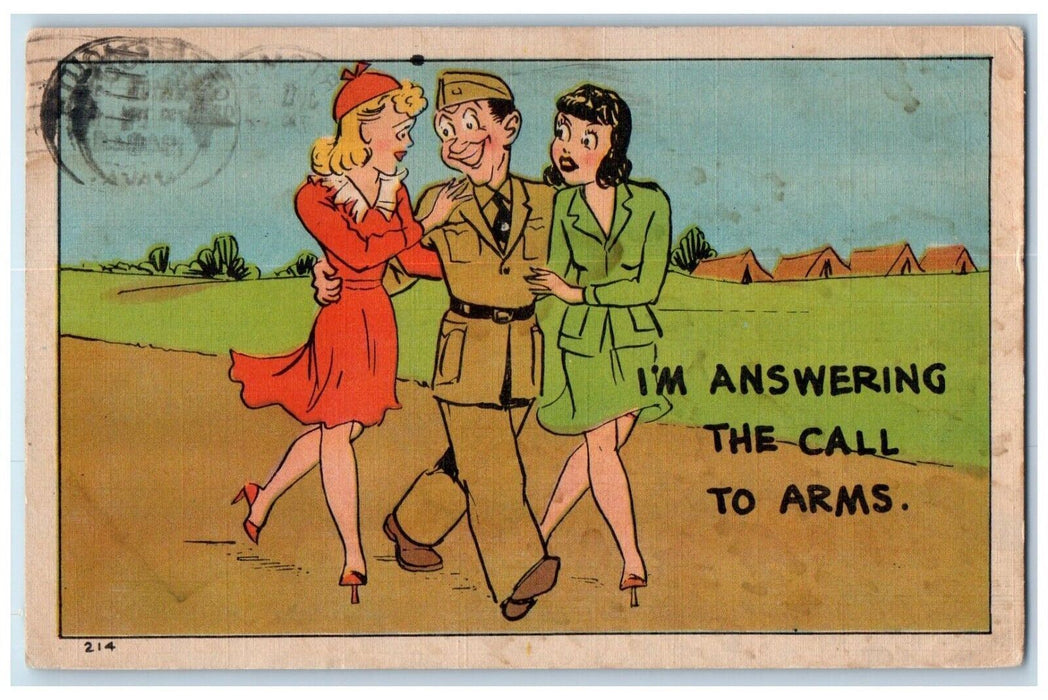 1944 Military Soldier Girls I'm Answering The Call To Arms WW2 Comic Postcard