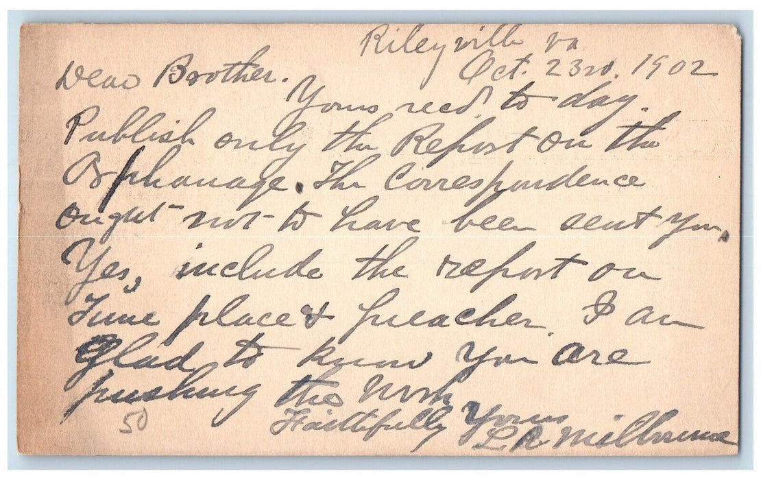 1902 Time Place & Preacher Report Rileyville VA Shepherdstown WV Postal Card