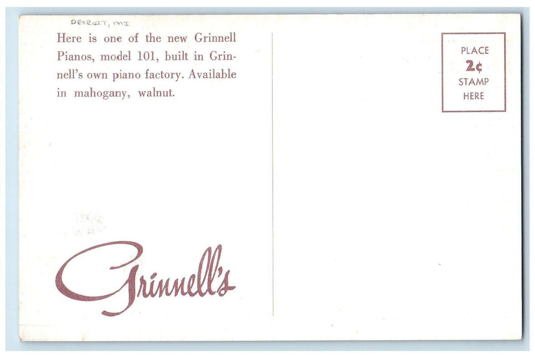 Grinnell's Pianos Mahogany Walnut Interior Detroit Michigan MI Unposted Postcard