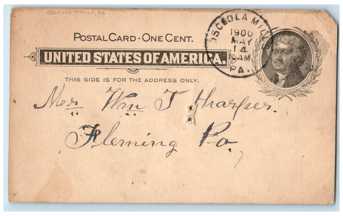 1900 Ship Ton Message Osceola Mills Pennsylvania PA Fleming PA PMC Postal Card