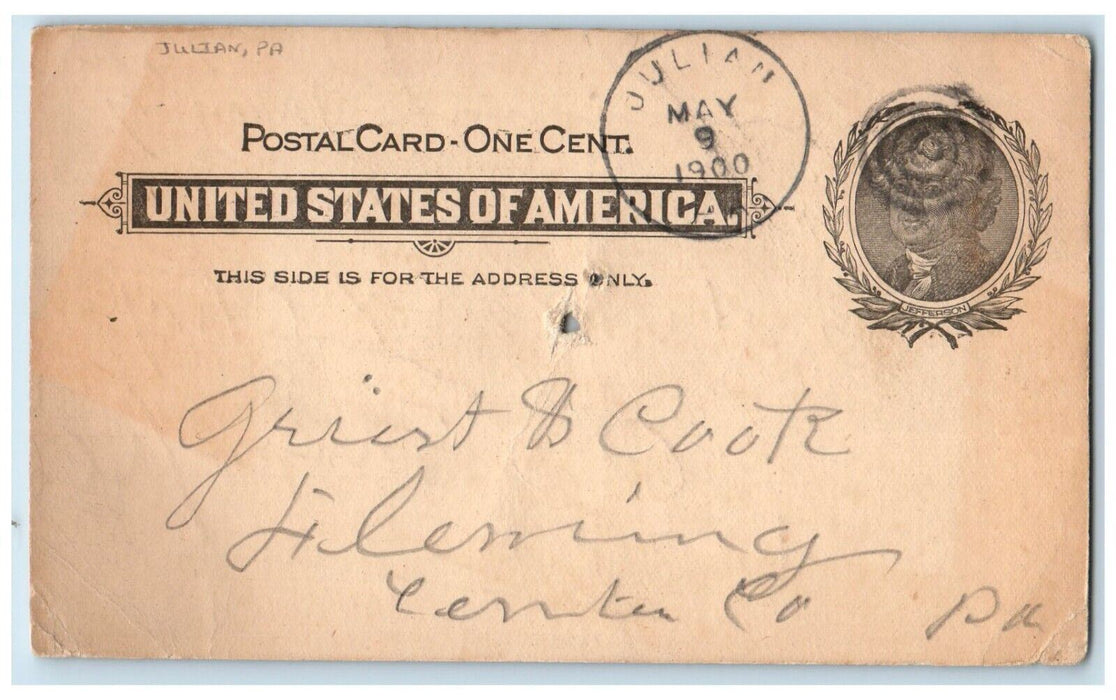 1900 Send H Sax Chop Julian Pennsylvania PA Fleming Center Co. PA Postal Card