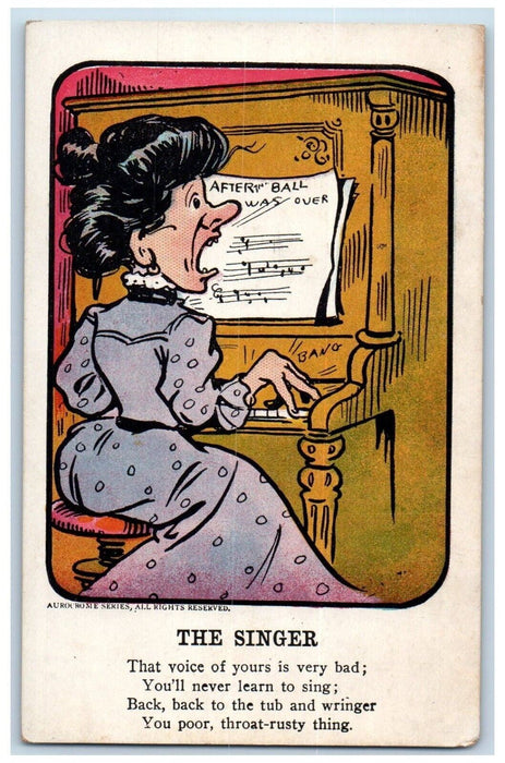 c1910's Woman Playing Piano The Singer Very Bad Voice Unposted Antique Postcard