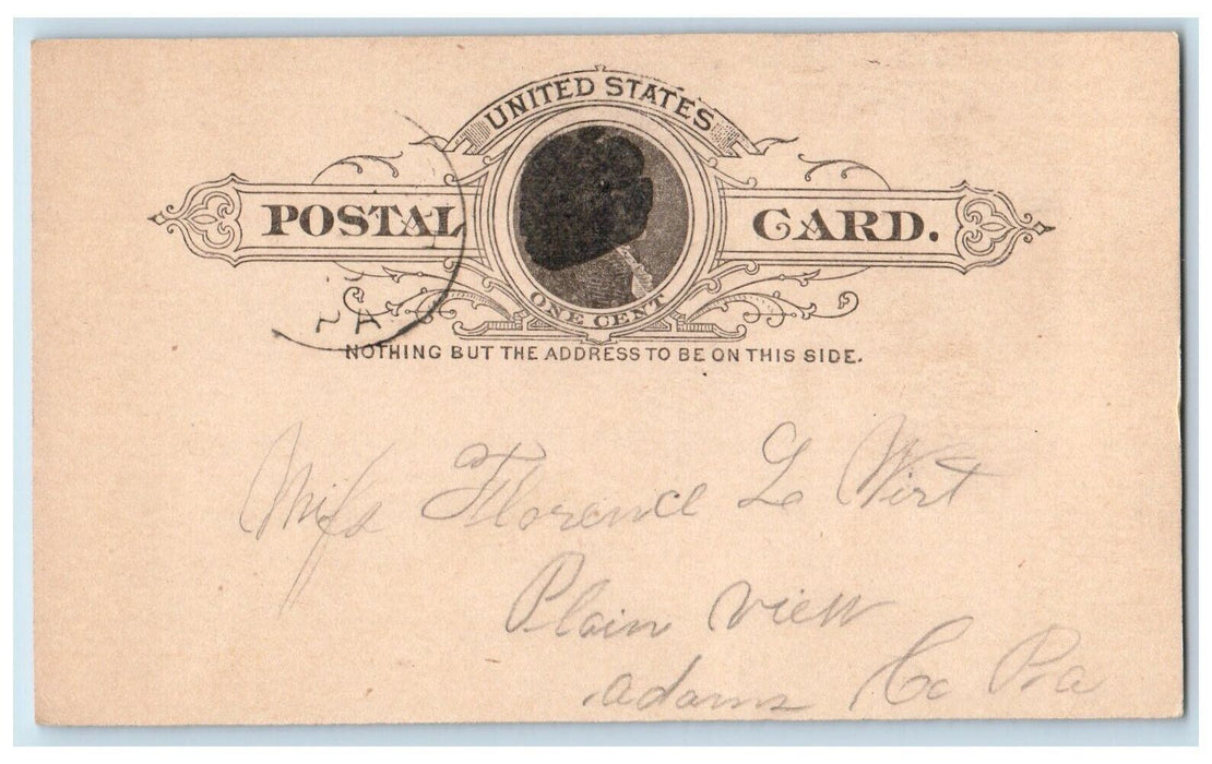 1880 Gettysburg PA Plain View Adams Co PA Antique Posted Postal Card