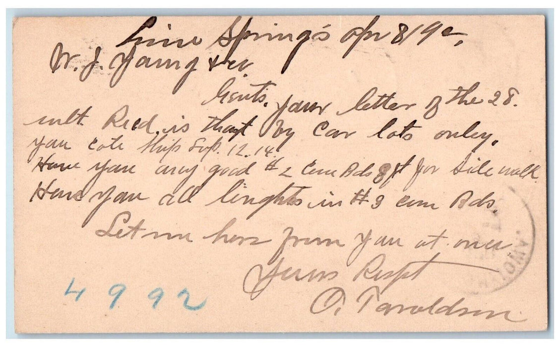 1892 Lime Springs Iowa IA Clinton IA WJ Young & Co. Posted Postal Card