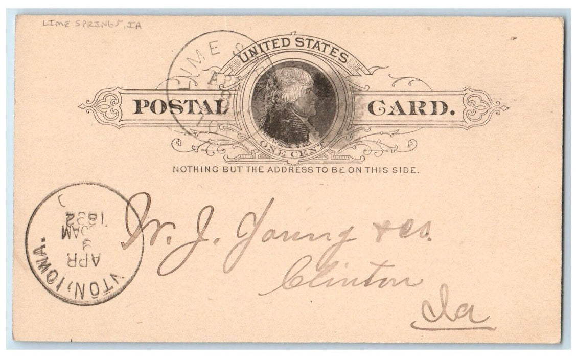 1892 Lime Springs Iowa IA Clinton IA WJ Young & Co. Posted Postal Card