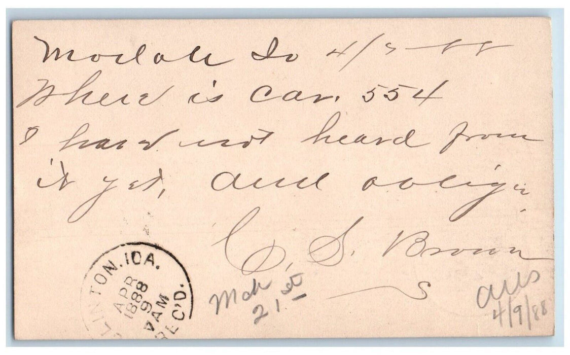 1888 Car 554 Message Modale Iowa IA Clinton IA WJ Young & Co. Posted Postal Card