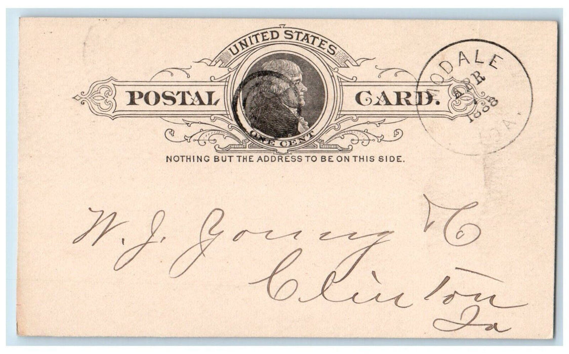 1888 Car 554 Message Modale Iowa IA Clinton IA WJ Young & Co. Posted Postal Card