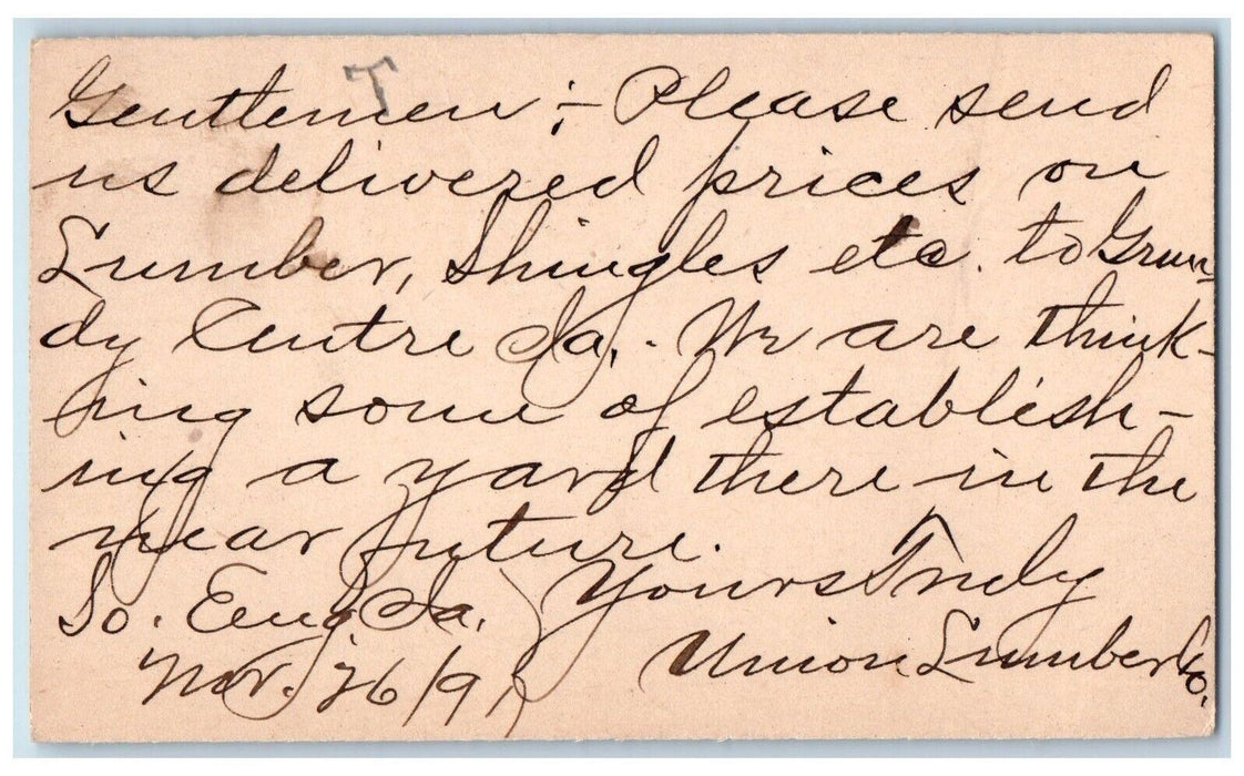 1891 Send Delivered Prices on Lumber South English IA Clinton IA Postal Card