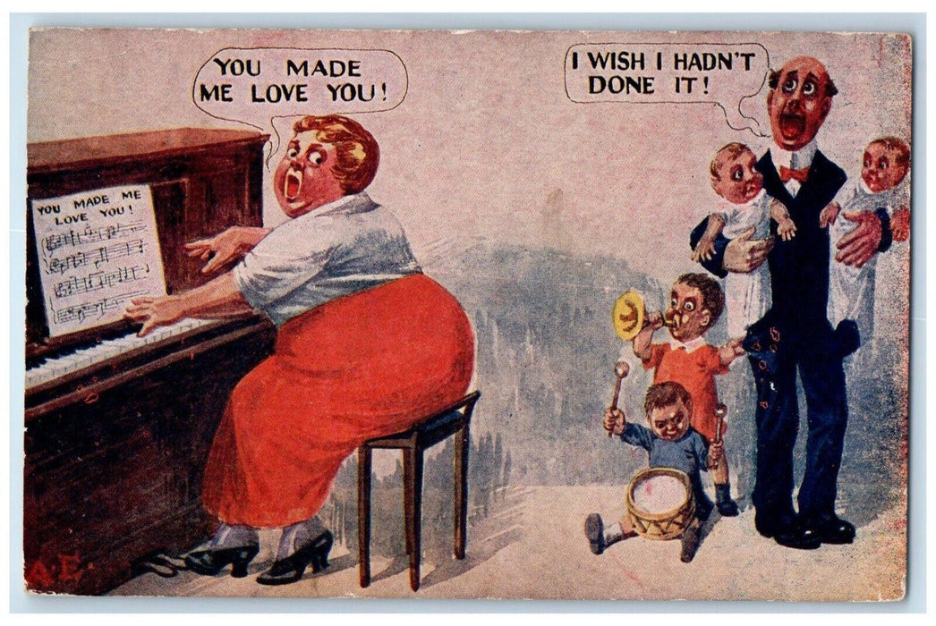 Fat Woman Playing Piano You Made Me Love You Children Trumpet Drummer Postcard