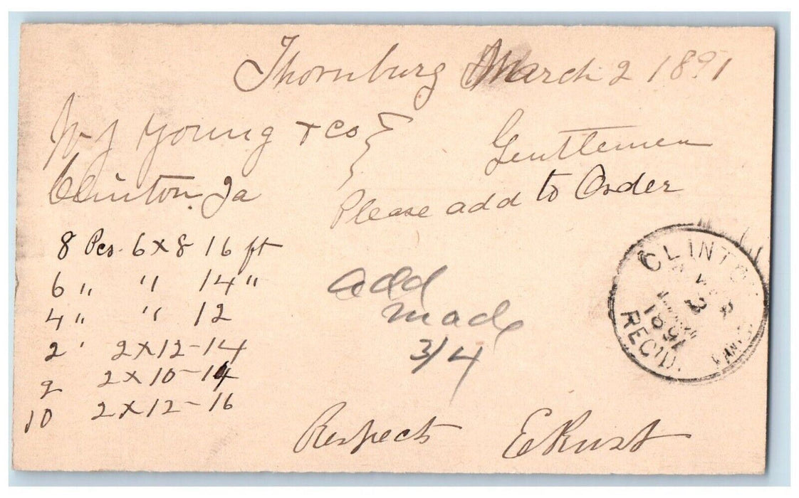 1891 Add to Order Clinton IA Thornburg Iowa IA Cancel Antique Postal Card