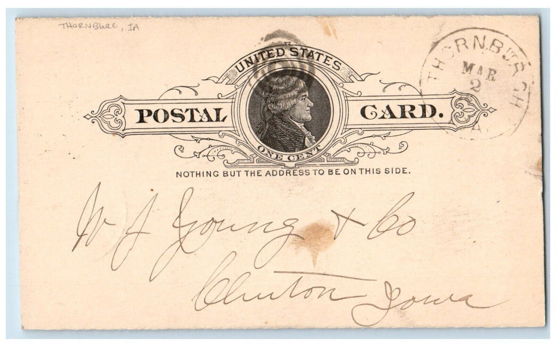 1891 Add to Order Clinton IA Thornburg Iowa IA Cancel Antique Postal Card