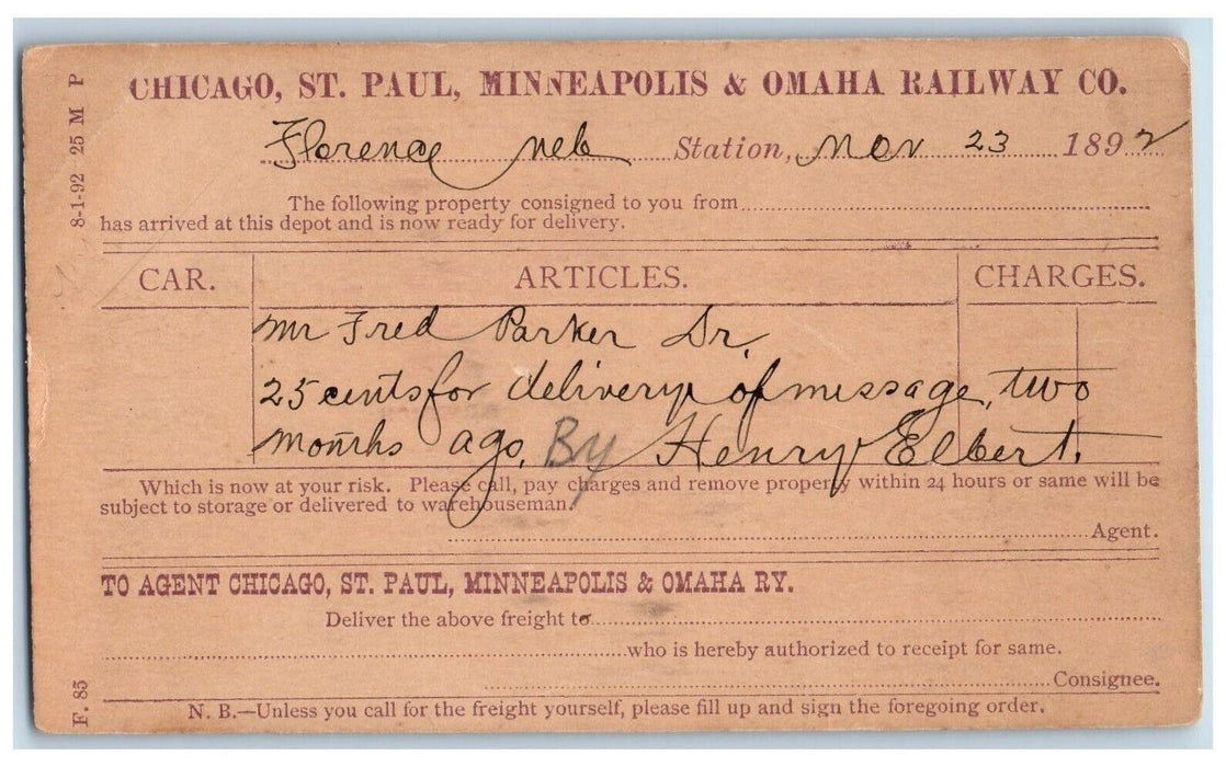 1892 Chicago St. Paul Minneapolis & Omaha Railway Co Florence NE Postal Card