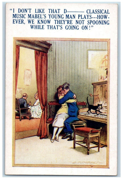 c1910's Sweet Couple Romance Kissing Cat Played Piano Bamforth Antique Postcard