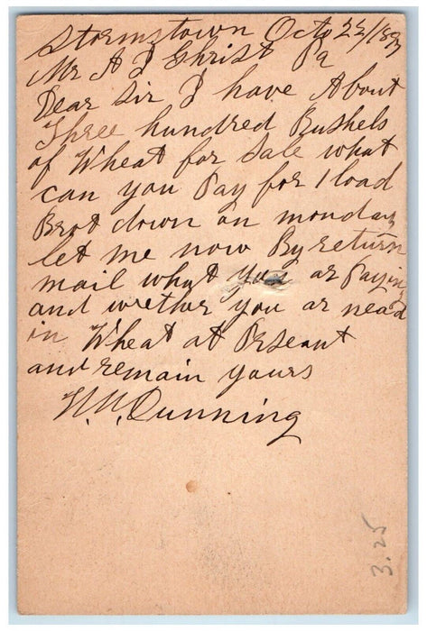 1897 300 Bushels of Wheat Stormstown Pennsylvania PA Fleming PA Postal Card