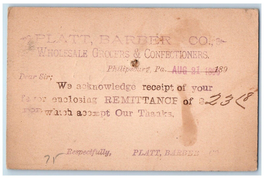 1897 Platt Barber Co. Wholesale Grocers Confectioners Philipsburg PA Postal Card