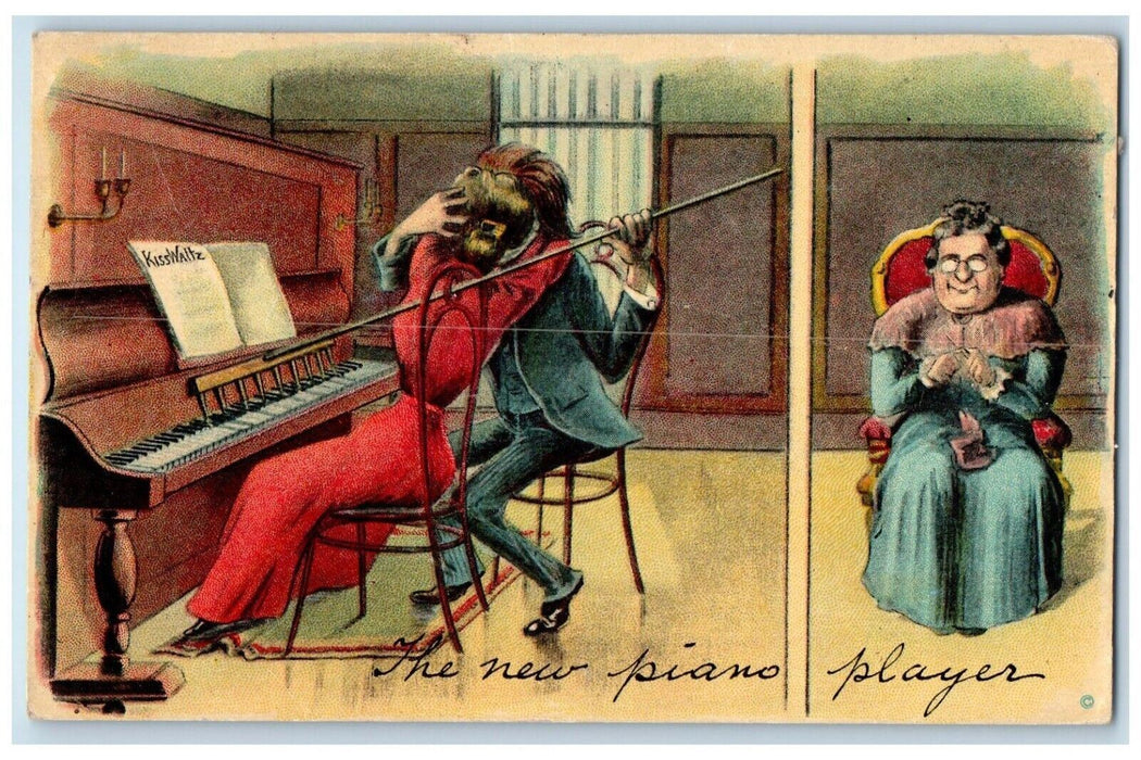 c1910's The New Pianist Rake Couple Kissing Romance Grandma Stitching Postcard