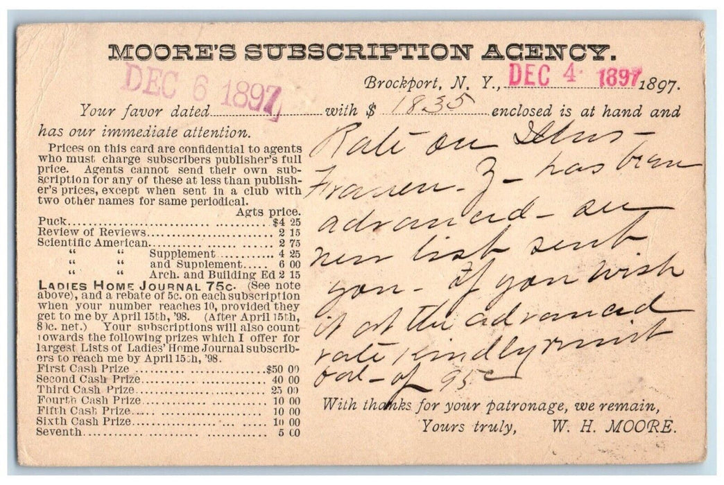 1897 Moore's Subscription Agency Brockport New York NY Antique Postal Card