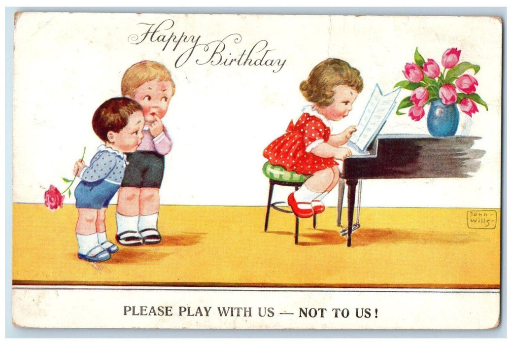 Happy Birthday Little Girl Playing Piano Flowers John Wills Posted Postcard